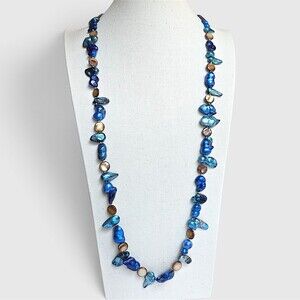 Blue Teal Baroque Blister Pearl Necklace Peacock Shell Coin Beads Knotted 36"